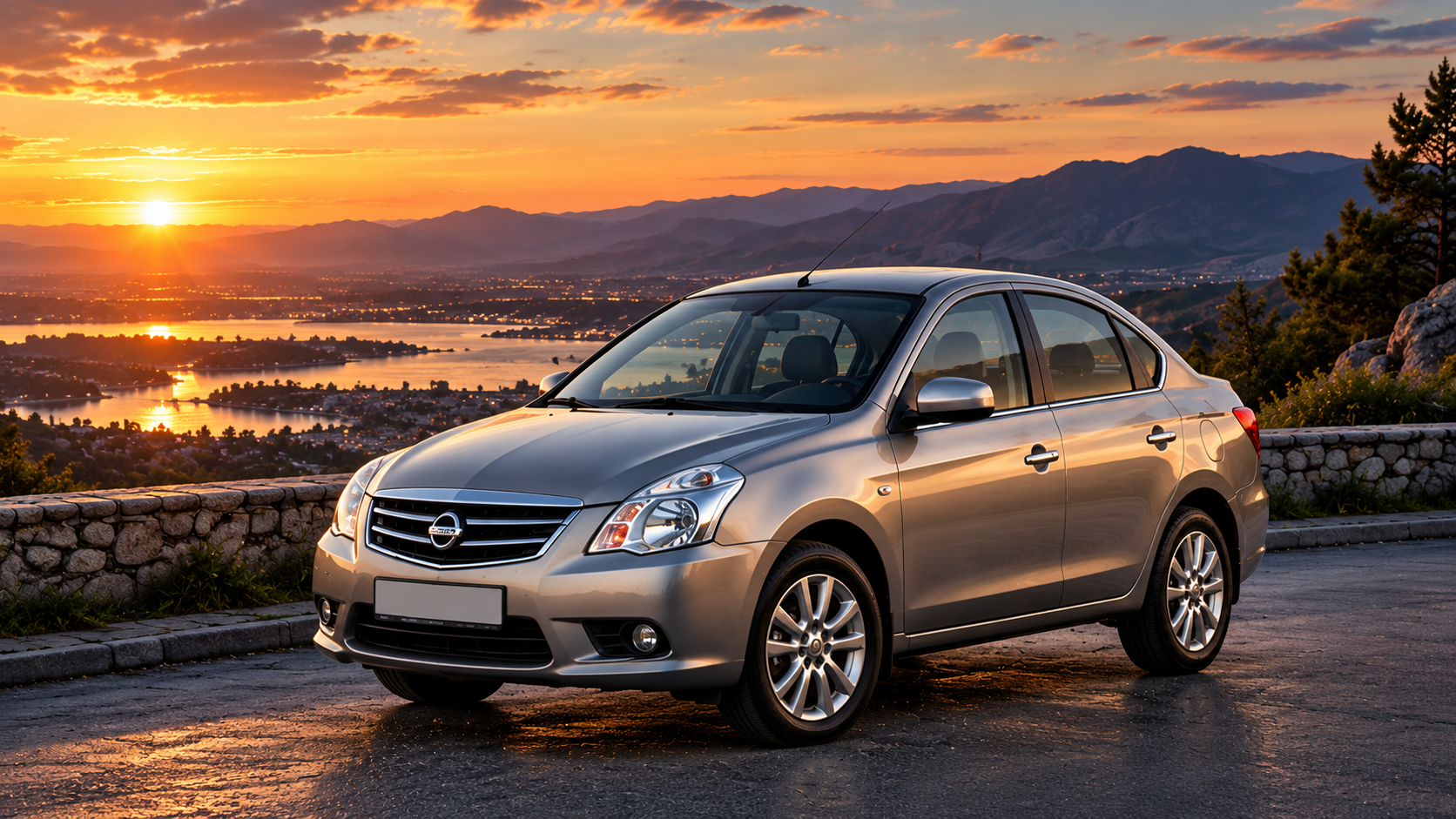 Nissan Almera на фоне гор